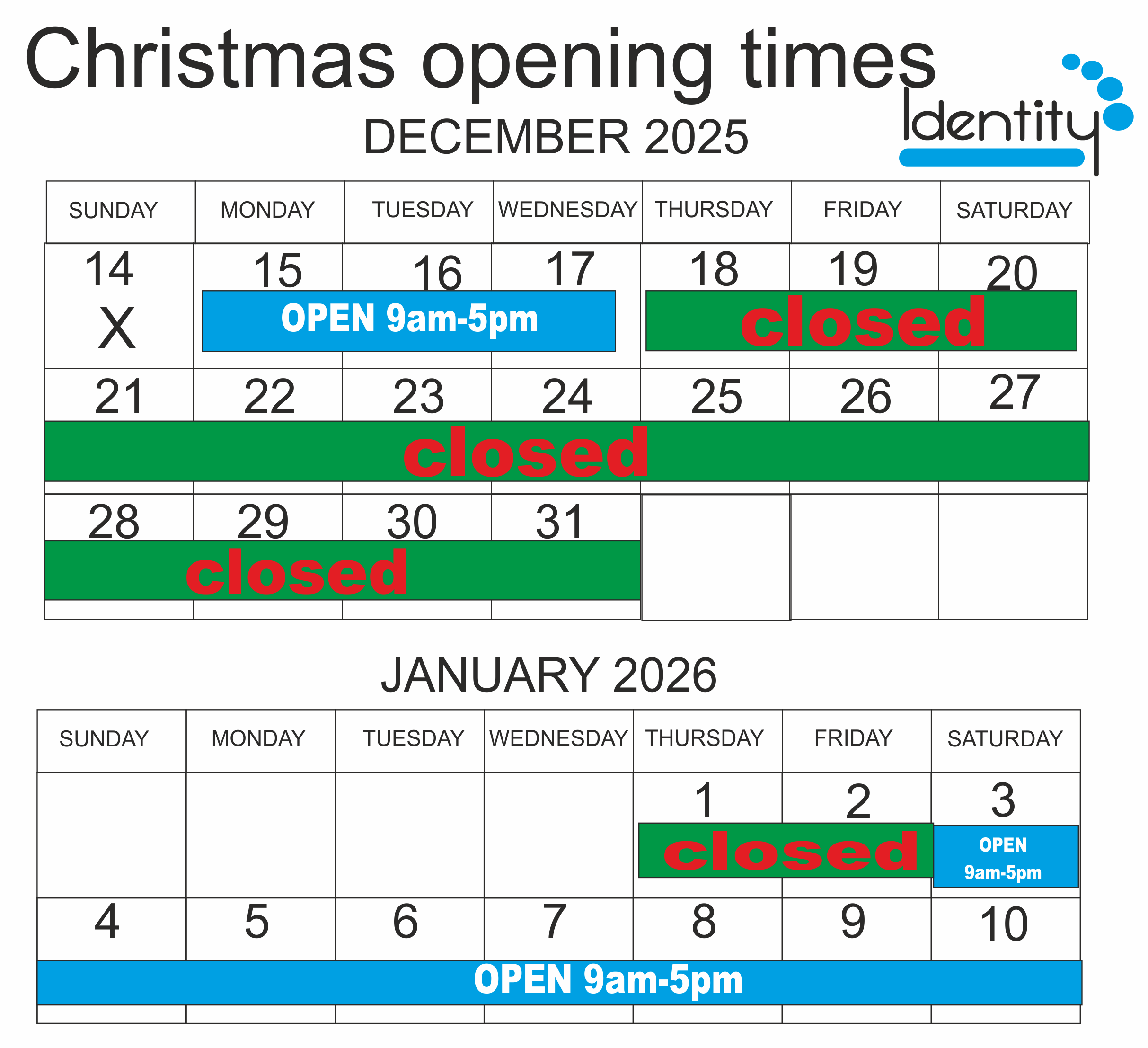 Opening times Christmas 2022
